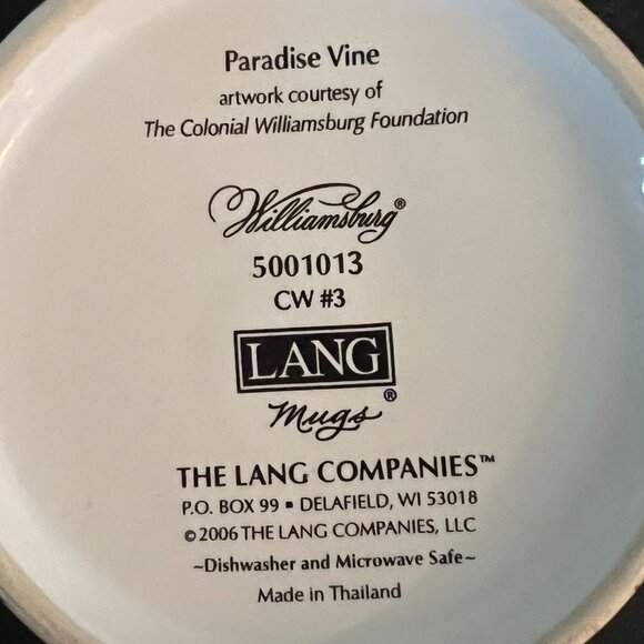 Vtg Lang PARADISE VINE Mug ~ Colonial Williamsburg Foundation ~ Textile Artwork - Picture 15 of 15